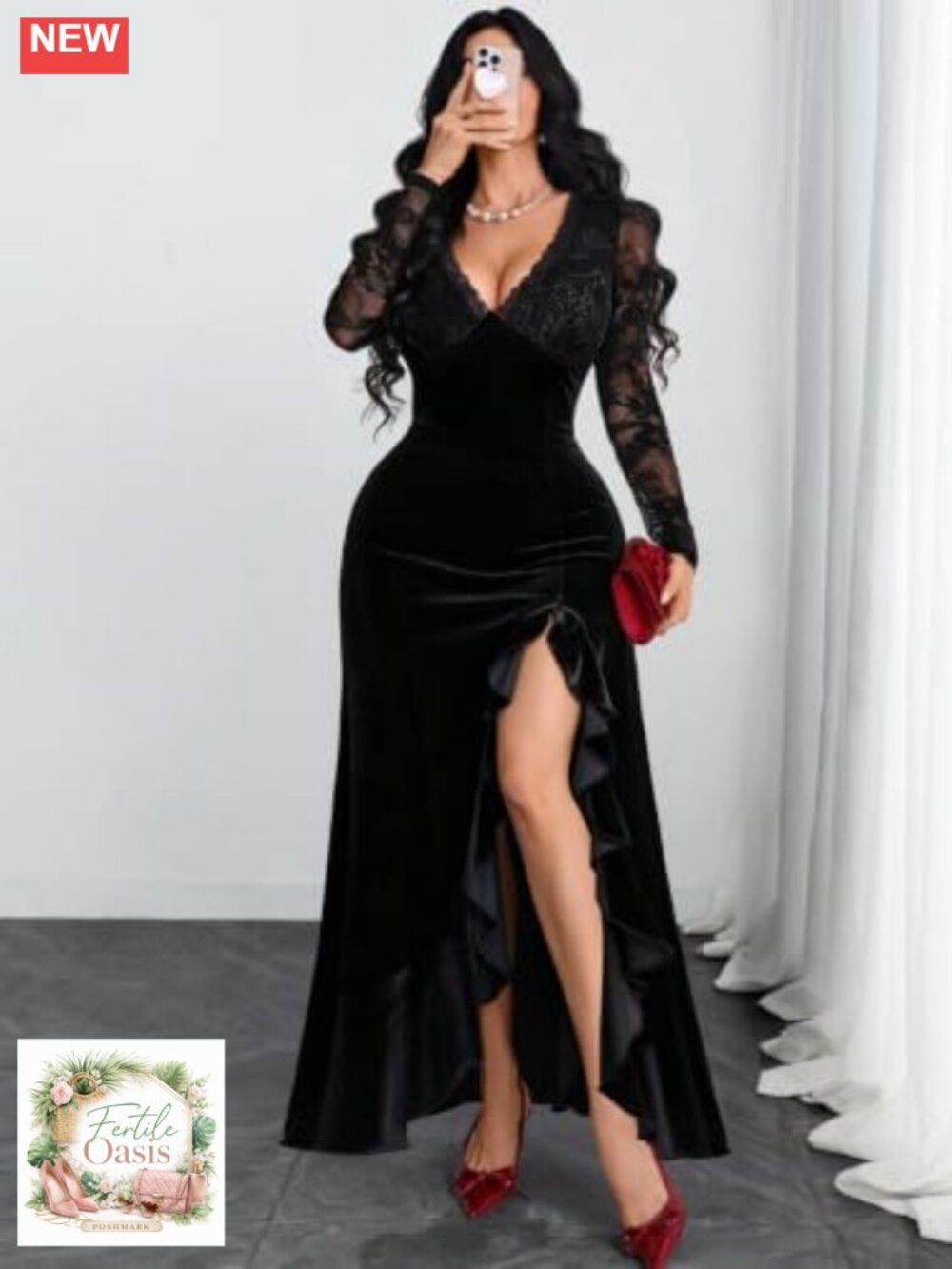 Women's Velvet Lace Long Sleeve Maxi Dress Plunging V-Neck Formal Gown - Picture 4 of 5